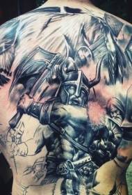 back cartoon style fantasy warrior tattoo pattern