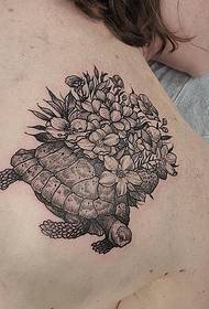 back European and American turtle flower tattoo pattern