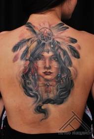 back illustration style color Indian woman portrait tattoo pattern