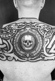 back black human skull with various symbols tattoo pattern