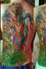 back colored tiger with tree and plant tattoo pattern