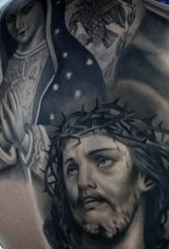 Jezus i modlące się kobiety religijne styl czarno-biały wzór tatuażu
