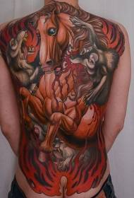 back colored bloody wolf attacking horse tattoo pattern