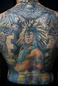 Back illustration style colored ancient Aztec sculpture tattoo pattern