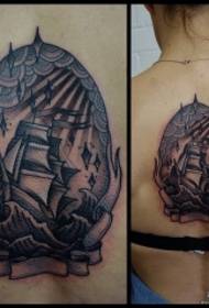 back European and American sailing waves black gray tattoo Pattern