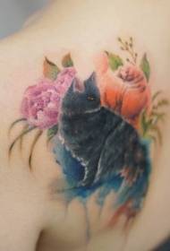 နောက်ကျောအရောင်လှပသောကြောင်နှင့်ပန်းပွင့် tattoo ပုံစံ