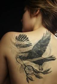 back wonderful black gray crow and dream catcher Net tattoo pattern