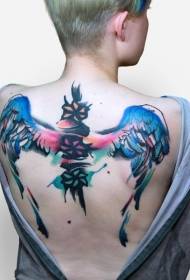 背部彩色翅膀与符号纹身图案