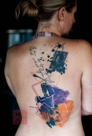 Back guitar pieces and spider letters color splash ink tattoo pattern