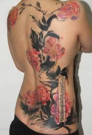 back beautiful color beautiful flowers and character tattoo pattern