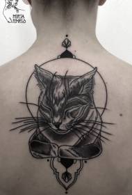 back engraving style black cute cat tattoo pattern