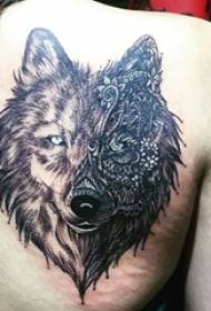 girls back black sketch prick tips creative pattern wolf head tattoo pictures