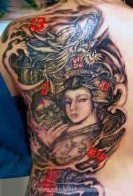 back landscape of colorful geisha and dragon demon tattoo pattern