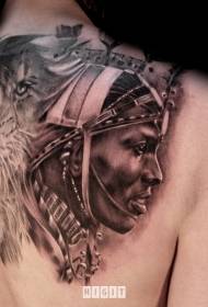back realistic style black gray tribe human and lion tattoo pattern