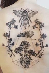 спина чорна лінія комах рослина і ворона череп татуювання візерунок