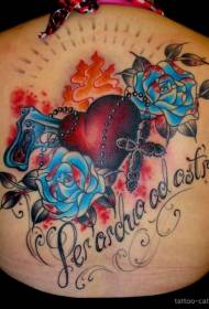 back old school gorgeous flowers and letters heart-shaped tattoo pattern