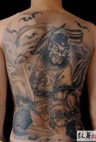 Back gray Chinese warrior and bat tattoo pattern