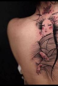 back Japanese style color geisha woman tattoo pattern