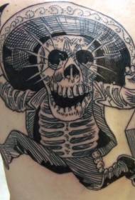 Engraving style black line Mexican skull back tattoo pattern