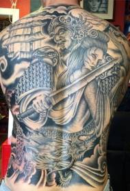 plná späť čierna šedá ázijský samurajský meč gejša a tetovanie draka