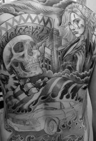 moza mexicana de costas con patrón de tatuaxe de cráneo de sombreiro