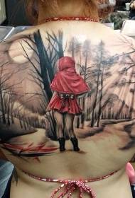 realistic style colored little girl in the dark forest back tattoo pattern