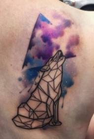 back geometric style colored wolf and night sky tattoo pattern
