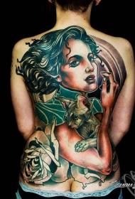背部插画风格彩色的女人与猫纹身图案