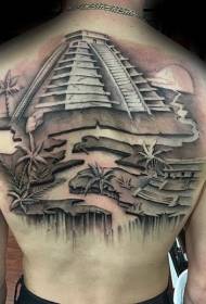 back colored Mayan pyramid with river and palm tree tattoo pattern