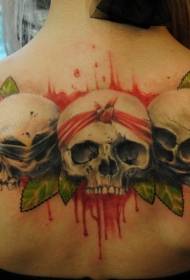girl back new school color skull with rose tattoo pattern