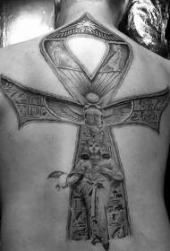 Back stone carving style Egyptian statue cross tattoo pattern