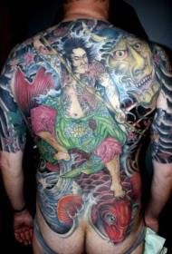 teljes hátsó ázsiai stílusú szamuráj prajna és tintahal festett tetoválás mintával