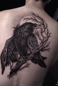 Male back European and American crow branches moon tattoo pattern