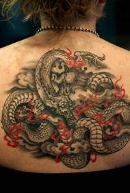 leđa crno-bijeli uzorak tetovaža zmaja i plamena