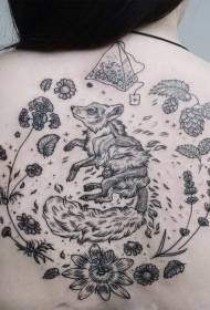 back black lined fox with plant tattoo pattern