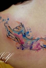 back cute cat catching butterfly watercolor splash tattoo pattern