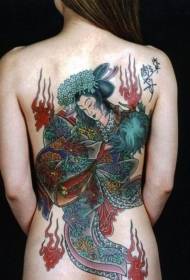 Žena späť veľkolepé farebné ázijské tanečné gejše s plameňom tetovanie