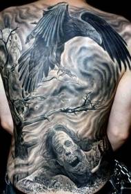 Back Horror Style Crow ແລະຮູບແບບ Tattoo Zombie