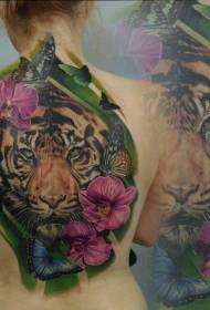 背中のイラストスタイルの虎と花蝶塗装タトゥーパターン