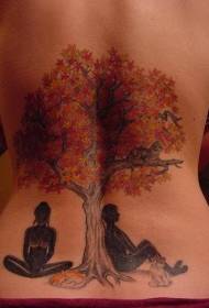 nugaros spalvos rudens medžio ir dviejų portretų tatuiruotės piešiniai