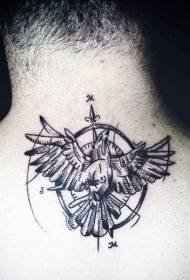 zréck schwaarze Vugel a Kompass Tattoo Muster