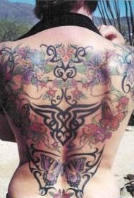 back colored flower with butterfly totem tattoo pattern