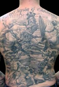 back amazing black and white half-human battle tattoo pattern