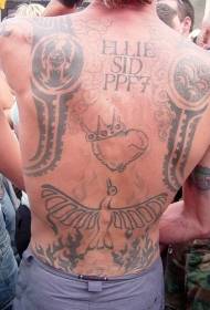 Back Crown Heart Shape and Bird Totem Tattoo Pattern