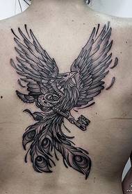 ແມ່ຍິງຮູບແບບ tattoo phoenix ສີດໍາກັບຄືນສີຂີ້ເຖົ່າ
