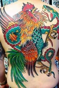 back old school multicolored cockerel fighting snake tattoo pattern