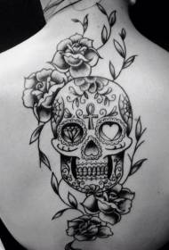 uzorak tetovaže leđa crne ruže i lubanje
