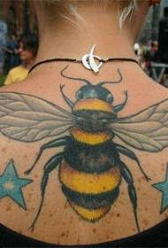 back bee and two blue stars tattoo pattern