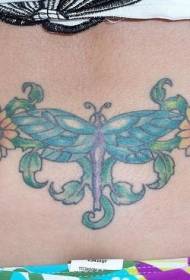 Back beautiful dragonfly and flower color tattoo pattern