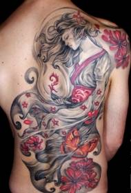 back elegant gray geisha with red floral tattoo pattern